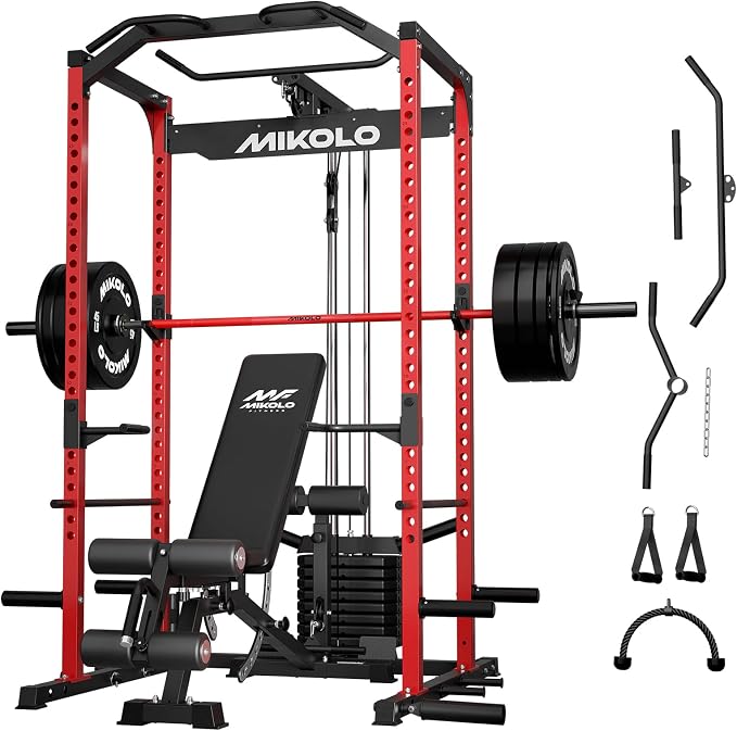 Mikolo F4 2.0 Power Cage with Dual-Track Smooth Pulley System, 1200LBS Power Rack with Leg Hold-Down for Heavy LAT Pulldowns