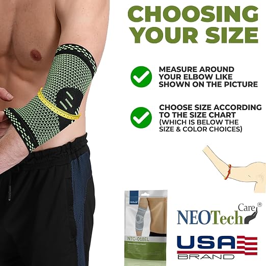 NeoTech Care Elbow Support Brace - Breathable - Men, Women, Right or Left (Green Color, Size XS, 1 Unit)