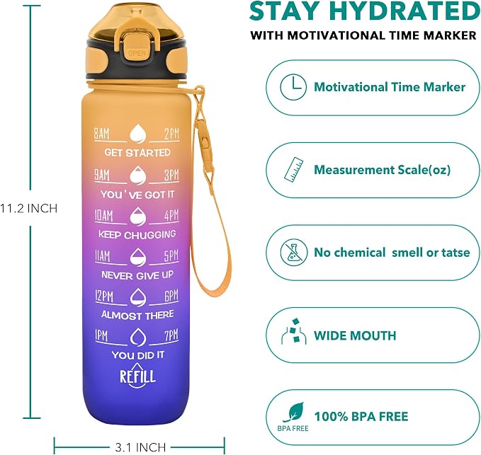 Enerbone 32 oz Water Bottle with Times to Drink and Straw, Motivational Drinking Water Bottles with Carrying Strap, Leakproof BPA & Toxic Free, Ensure You Drink Enough Water for Fitness Gym Outdoor