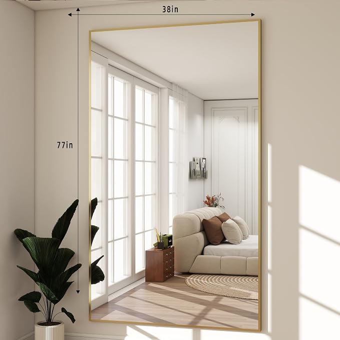 BEAUTYPEAK 77"x38" Rectangle Full Body Floor Mirrors, Full Length Mirror | Hanging or Leaning, Aluminum Alloy Frame Wall Mirror for Bedroom, Dressing Room, Gold