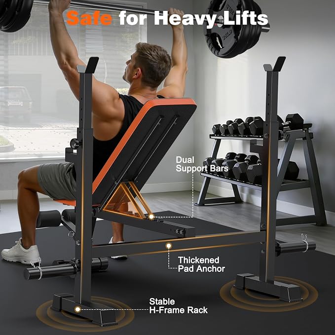 Fostoy Adjustable Weight Bench with Squat Rack & Incline Design | 770LB Heavy Duty, Flat & Incline Positions, Removable Foot Catch, Olympic Bench Press Station, Home Gym Strength Training
