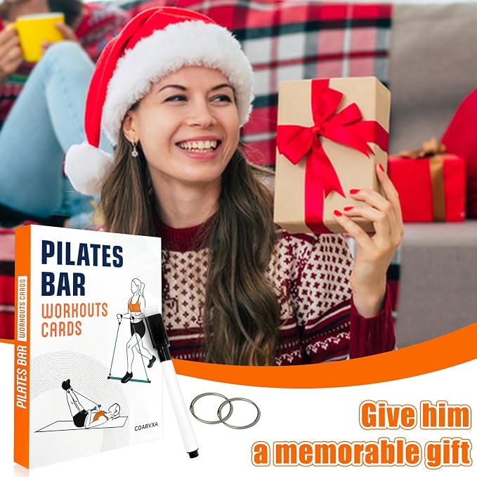 Pilates Bar Workouts for Women-58 Exercise Cards with Pilates Stick Work Out Postures，ncludes 4-Week Challenge,2 Rings& Dry-Erase for Easy Organization-Home, Gym or Studio