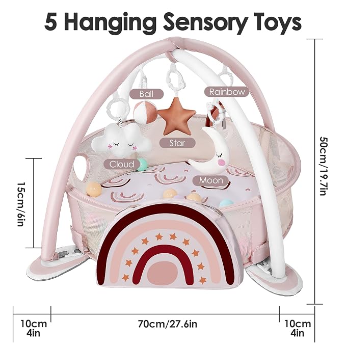 dearlomum Rainbow 4-in-1 Baby Play Mat Gym, with Ball Pit | Includes 30 Balls & 5 Learning Sensory Toys, Floor Gym Playmat for Newborn Infant Tummy Time, Ball Pit, Boy & Girl Gift