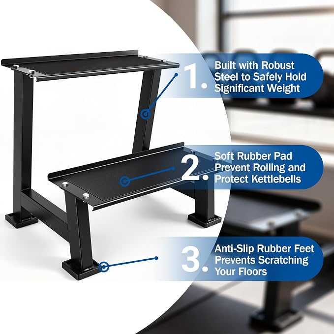 Kettlebell Storage Rack with Anti-Slip Pads, 2-Tier Weight Racks, Kettlebell Stand, Dumbbell and Kettlebell Rack for Home Gym Use