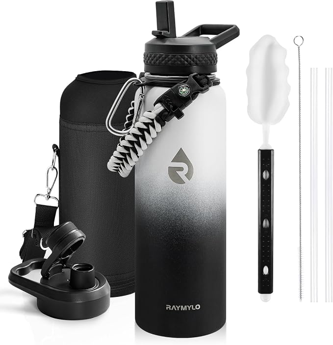 RAYMYLO Insulated Water Bottle 40 oz, Triple Wall Vacuum Stainless Steel | (Cold for 36Hrs, Hot for 18Hrs), Leak Proof & Non-BPA, Modern Water Flask Jug with Paracord Handle & Straw Spout Lids