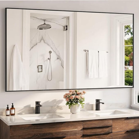 30" x 48" Matte Black Wall Mirror, 48" x 30" Large Metal Framed Landscape Decor, Horizontal Bathroom Mirror for Wide Vanity & Dining Room