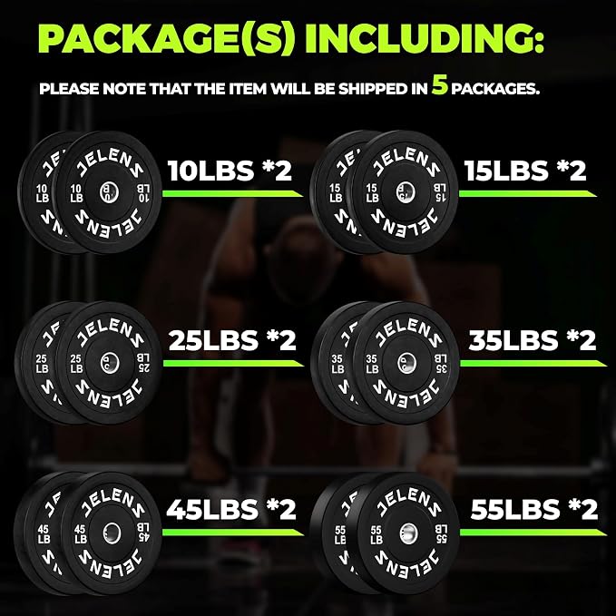 JELENS Olympic Barbell Weight Plates Set, 2-Inch Black/Colored Rubber Bumper Plate Weight Set for Strength Training and Weightlifting, Multiple Options