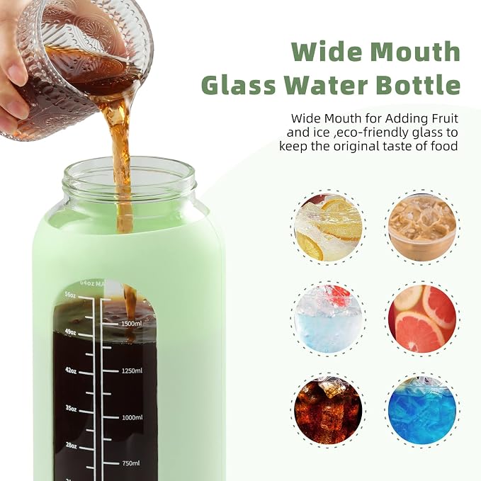 42 oz Glass Water Bottle with 2-in-1 Straw Lid Large Half Gallon Water Bottle with Time Marker & Removable Silicone Sleeve,Wide Mouth BPA-Free Borosilicate Bottle for Gym, Workout & Daily Use