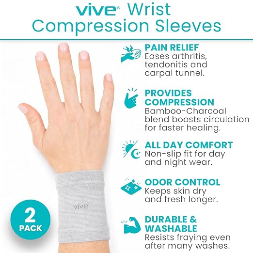 Vive Wrist Compression Sleeves for Women & Men (Pair) - Elastic Support | Wristband for Pain Relief & Circulation - Wrist Support for Carpal Tunnel, Arthritis, Tendonitis - Great for Sports Injury
