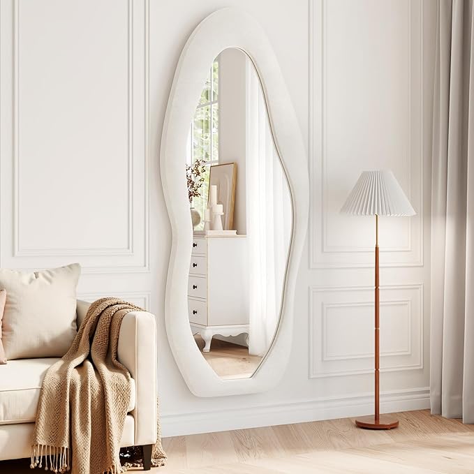 Wall Mirror 56"x24", Irregular Wavy Full Length Mirror | Full Body Mirror with Stand, Flannel Mirror for Bedroom, Living Room, Dressing Room, Entryway, Beige