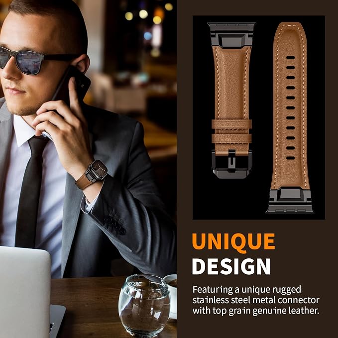 Bands Compatible with Apple Watch Ultra 3/2/1 Band 49/46/45/44mm | Genuine Leather Metal Connector Strap for iWatch Ultra Series 11/10/9/8/7/SE/6/5/4/3/2/1, Light Brown/Black