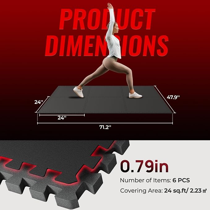 SUPERJARE 0.79'' Extra-Thick Exercise Equipment Mats, 6 Pcs 24 Sq Ft Rubber Top Floor Tiles with High Density EVA Foam, Interlocking Gym Flooring for Home Gym, Protective Workout Mat, Black