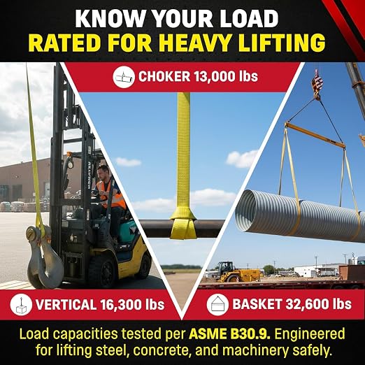 DD Sling 6" × 10' Nylon Lifting Sling – USA Made, 16,300 lb Vertical, 13,000 lb Choker, 32,600 lb Basket – 2-Ply Heavy Duty 900 Webbing, Type 4 Twisted Eye & Eye Rigging Sling