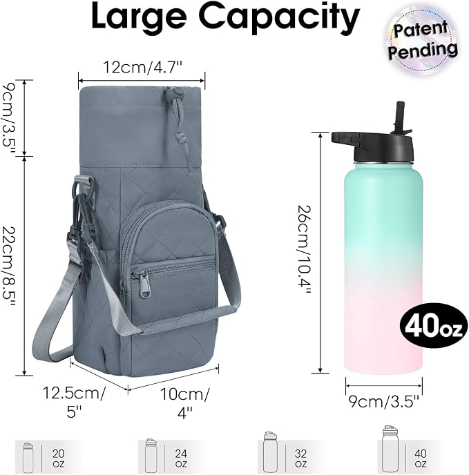 sportsnew 40oz Insulated Crossbody Water Bottle Bag Gym Hiking Phone Pocket | Water-resistant Lining, Padded Strap, Top Handle, Drawstring, Phone Pocket, Elastic Slots, Built-In Key Clip for Gym Walking