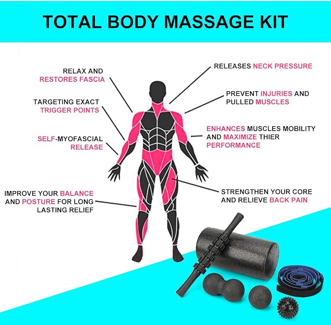 Foam Roller Set - High Density Back Roller, Muscle Roller Stick | Foot Fasciitis Ball, Stretching Strap, Massager Ball for Whole Body Physical Therapy & Exercise, Back Pain, Leg, Deep Tissue