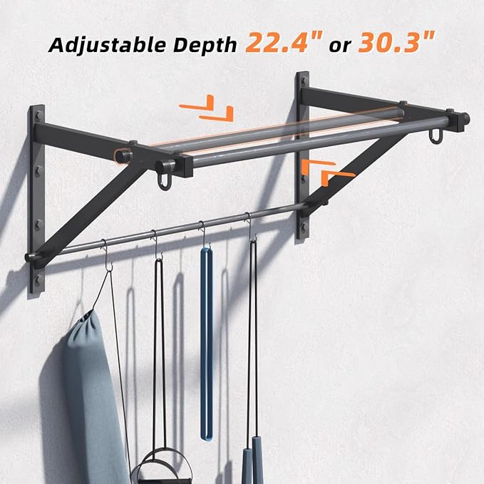 Wall Mounted Pull Up Bar with 500LBS Capacity for Gym Home | Adjustable Depth, 4 Hooks, Heavy Duty, Strength Training, Easy Install, Chin Up Bar for Doorway