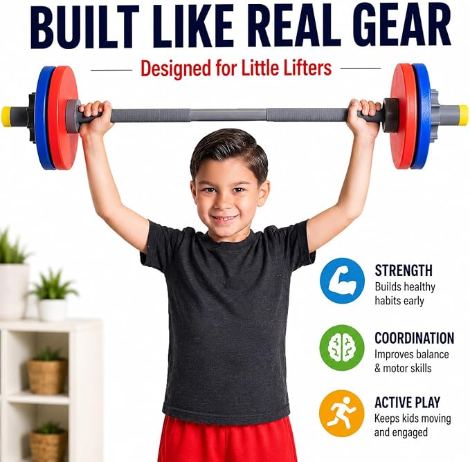 WOD Toys® Barbell Mini - Adjustable Kids Barbell Toy Weight Set for Kid Fitness, Weightlifting and Power lifting - Safe, Durable Kid's Gym Workout and Exercise Equipment for Toddlers and Children