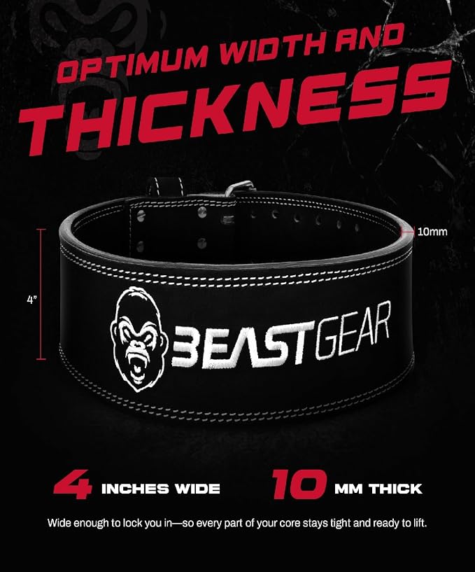 Beast Gear Weight Lifting Belt - Leather Power Lifting Belt for Men，10mm Thick Weightlifting Belt for Deadlifts, Back Support Squats Belts for Powerlifting, Crossfit Gym Belt for Men Women