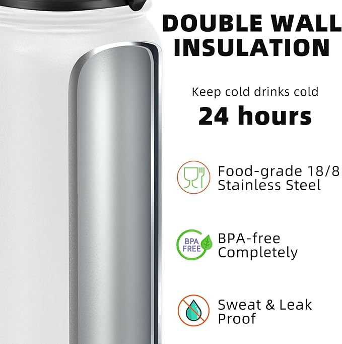 Fanhaw 24 oz Insulated Stainless Steel Water Bottle with Anti-Dust Chug Lid, Leakproof Vacuum Metal Everyday Use Bottle for Kids, Teens & Adults, Back to School Essentials (White)