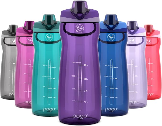 Pogo 64oz Plastic Water Bottle with Chug Lid and Carry Loop, Purple | Leakproof water bottle with chug lid and capacity markings. BPA-free, great for travel, school, outdoors, and gym.