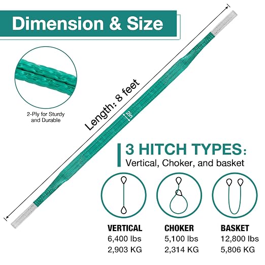 Lift Sling Straps, 2" x 8' Heavy Duty Flat Eye Lift Sling | Lifting Straps Nylon Tree Saver Recovery Strap Web Sling Winch Strap Rigging Tow Hoist Gear Straps 6400 lb 5100 lb 12800 lb