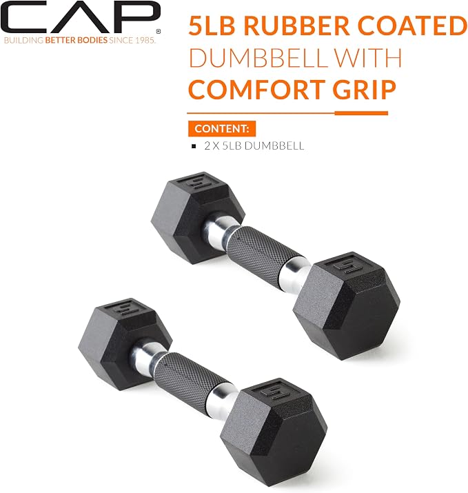 CAP Rubber Coated Dumbbell Weights, Free Weights for Home Gym Strength Training, Anti-Roll Hex Dumbbells with Black, Chrome & Comfort Grip Handles, Pairs & Sets