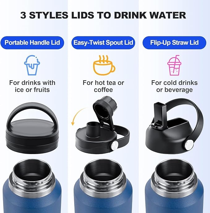 SENDESTAR 32oz Stainless Steel Water Bottle (Cold for 48 Hrs, Hot for 24 Hrs),Double Wall Vacuum Insulated Bottle with Straw Lid, Spout Lid and Flex Cap, Fit in Any Car Cup Holder