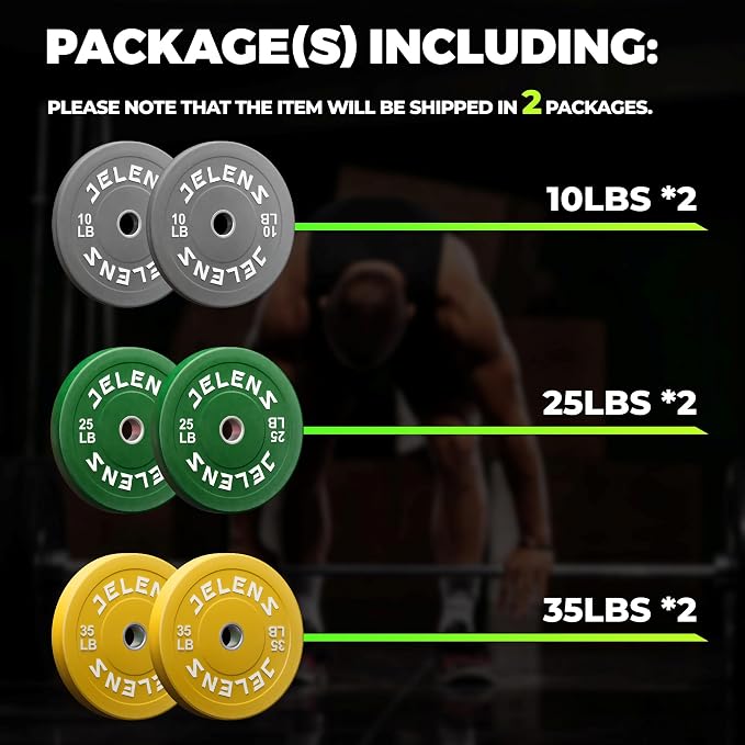 JELENS Olympic Barbell Weight Plates Set, 2-Inch Black/Colored Rubber Bumper Plate Weight Set for Strength Training and Weightlifting, Multiple Options
