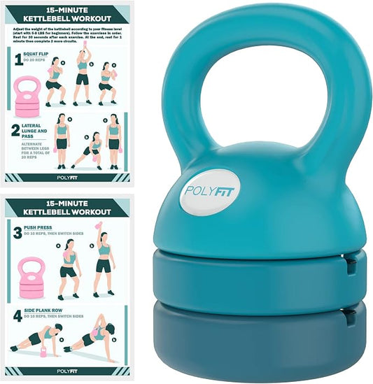 Polyfit Adjustable Kettlebell | 5 lb - 12 lb | Kettlebells Weights Set for Home Gym | Kettle Bell Sets for Women at Home | 3-in-1 adjustable design, 5/8/12 lb settings, non-slip PE coating, compact home gym storage, workout guide included