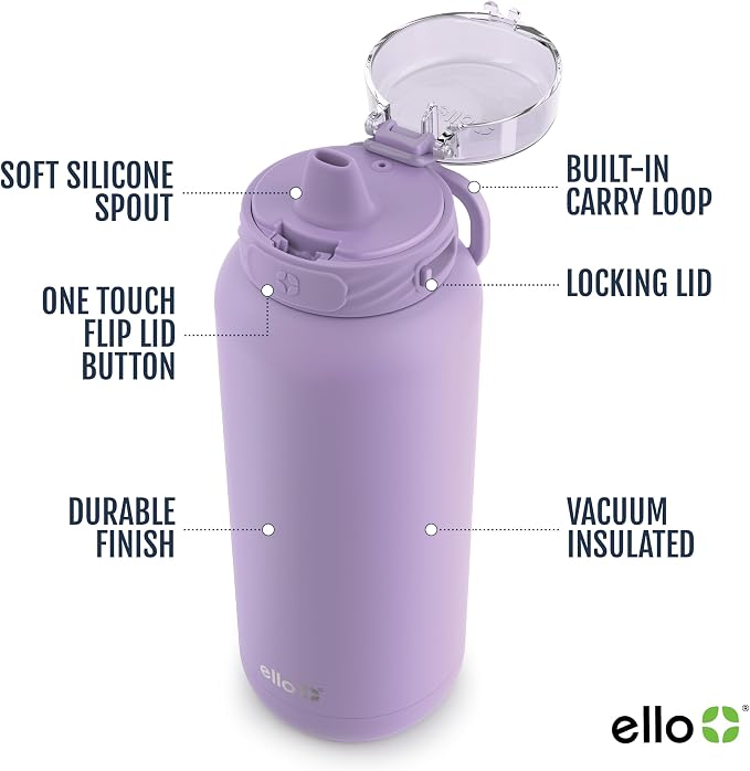 Ello Cooper 40oz Stainless Steel Water Bottle with Straw and Carry Handle, Double Walled and Vacuum Insulated Metal, Leak Proof Locking Lid with Soft Silicone Spout, Reusable, BPA Free, Lilac