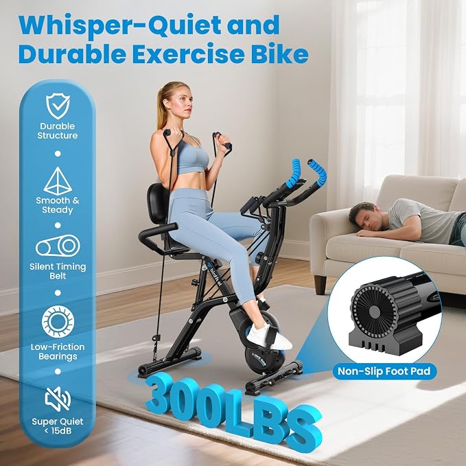 Foldable Exercise Bike, 8-Level Magnetic Stationary Bike for Home Gym | Quiet Indoor Workout Bike with Arm Resistance Bands, LCD Monitor, and 300 LBS Capacity for Full-Body Cardio Training