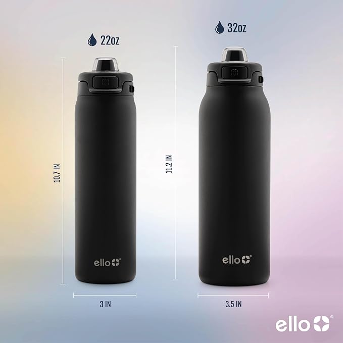 Ello Pop & Fill Insulated Stainless Steel Water Bottle with Quick Fill Lid, Leakproof Locking, Sip or Chug Spout, BPA-Free, Double Wall Vacuum Insulated for Sports, Travel & School- 22oz / 32oz / 40oz