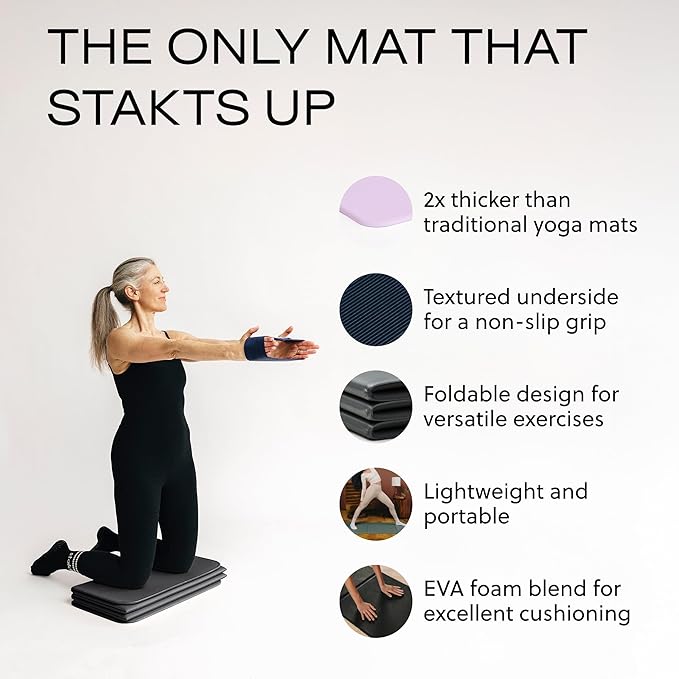 Stakt Foldable Yoga Mat Pro - Non Slip 2 in 1 Fitness Exercise Mat | Premium textured grip, 12 mm thick, folding design, EVA foam blend, supports Pilates, barre, and strength training