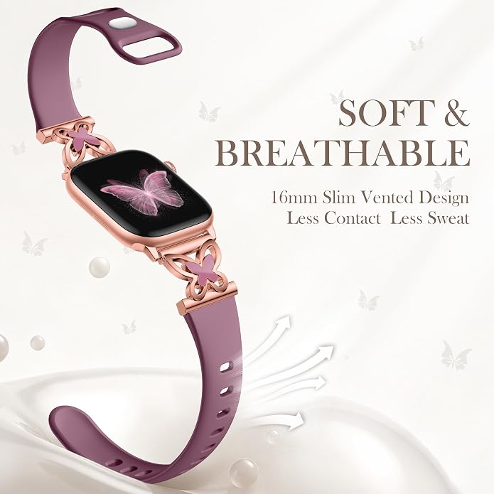 Lerobo Slim Silicone Band Compatible with Apple Watch Bands for Women | Dressy Metal Butterfly 16mm Thin Strap for iWatch Series 11 10 9 8 7 6 5 4 SE Ultra 38mm 40mm 41mm 42mm 44mm 45mm 46mm 49mm