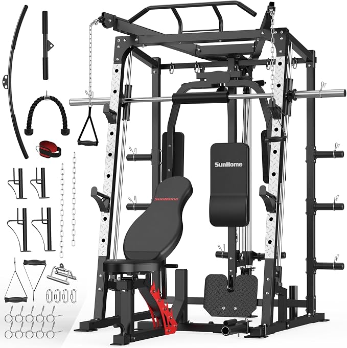 SunHome Smith Machine, 2000LBS Power Cage Squat Rack with Smith Bar, LAT Pull-Down Systems, Cable Crossover Machine for Home Gym