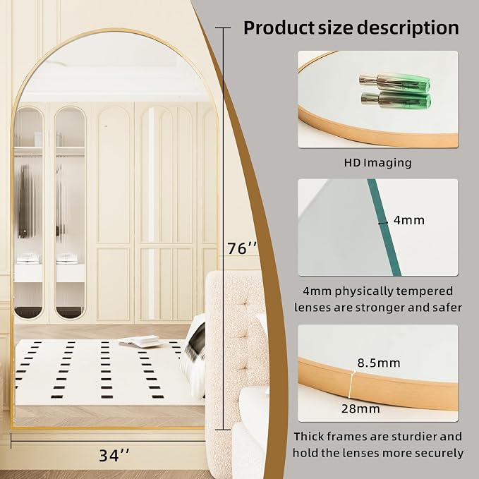 LFT HUIMEI2Y 76"x34" Arch Full Length Mirror, Gold Floor Mirror | Tempered Oversized Mirror Full Body with Aluminum Alloy Frame; Standing, Leaning, or Wall Mount for Bedroom, Living Room