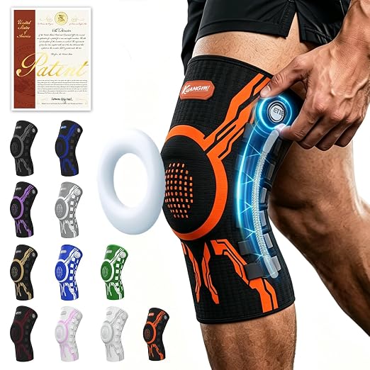Kuangmi Knob Knee Brace for Pain Relief, Knee Support with Patella Gel Pad & Side Stabilizers, Compression Knee Sleeve for Workout, Arthritis, Joint Pain, Meniscus Tear (Orange Black,Left,Large,Single)