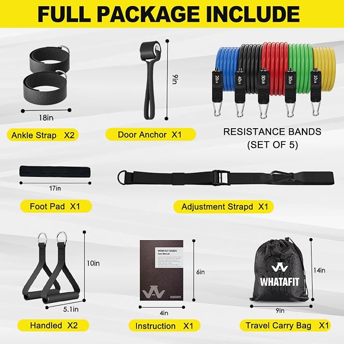 WHATAFIT Resistance Bands with Handles, 5-Level Exercise Bands for Workout | Natural latex,10-50 lbs, stackable to 150,Ankle Straps, Door Anchor,Guide. For Strength, Yoga,Home Gym,Travel & Workout.