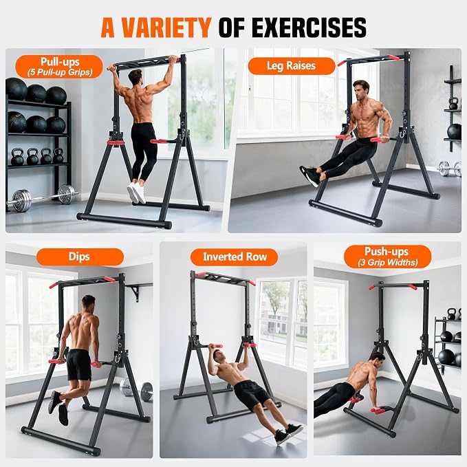 SERTT Foldable Power Tower Dip Station for Pull Ups, Dips & Push Ups, Upgraded Free Standing Pull Up Bar Station, Multi-function Workout Equipment for Home Gym Strength Training, Support 440LBS