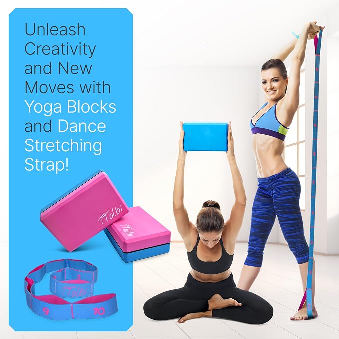 Yoga Blocks 2 Pack with Strap and Guide – Soft Non-Slip EVA Foam Blocks | High-Density Pilates Blocks for Home Workouts, Dance, Ballet, Gymnastics & Stretching Exercise, Dance Accessories and Gifts