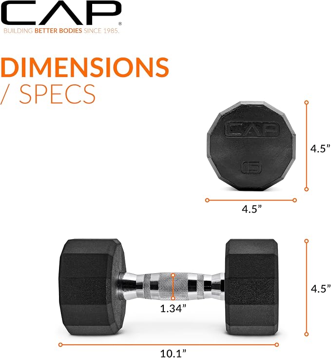 CAP Rubber Coated Dumbbell Weights, Free Weights for Home Gym Strength Training, Anti-Roll Hex Dumbbells with Black, Chrome & Comfort Grip Handles, Pairs & Sets