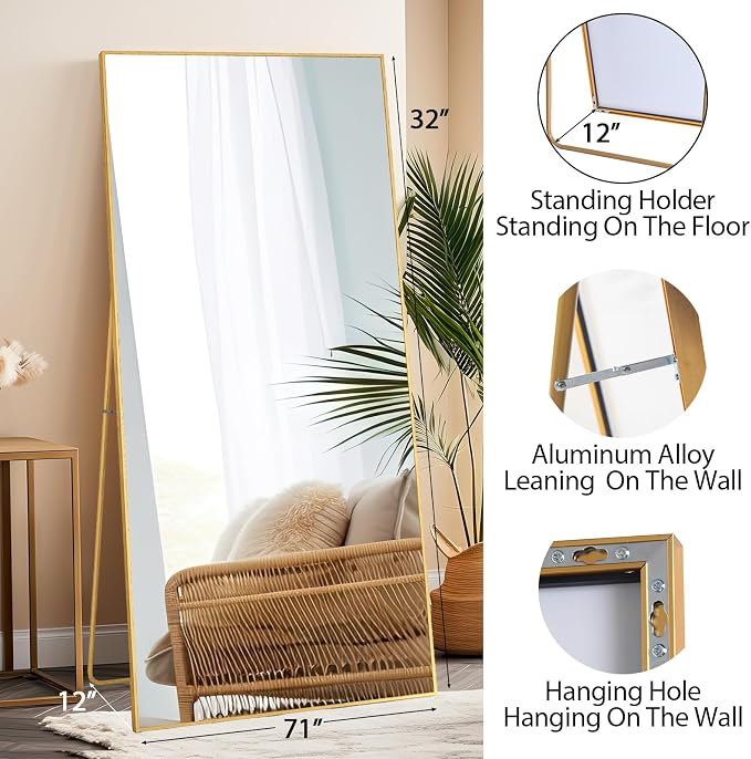Beauty4U 71" x 32" Full Length Mirror with Stand, Gold Large Floor Mirror | Standing, Leaning, or Wall-Mounted Tempered Glass Full Body Mirror with Metal Frame for Bedroom, Closet, Modern Home Decor