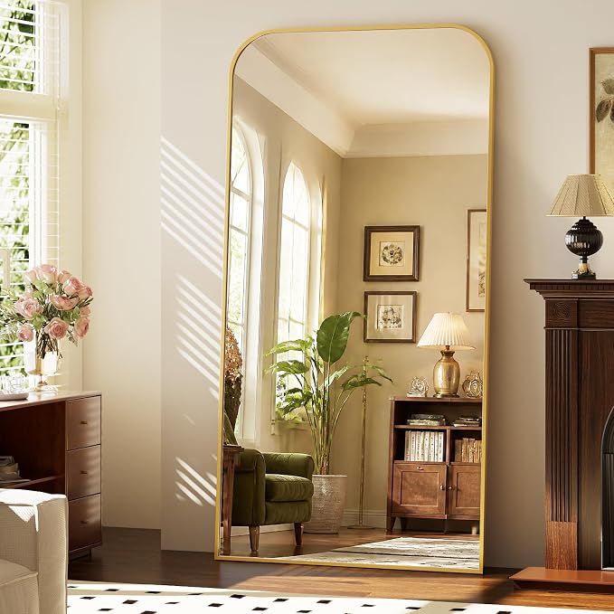 XRAMFY Full Length Mirror - Large Floor Standing & Wall Mountable Full Body Mirror with Sturdy Aluminum Frame, Arched Top Design, Freestanding or Hanging for Bedroom, Living Room, Cloakroom,Gold