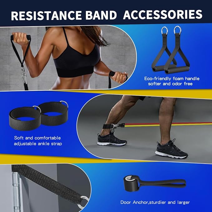 WHATAFIT Resistance Bands, Exercise Bands with Handles, Workout Bands for Working Out, Fitness Bands Set for Home Gym Full Body Strength Training, Muscle Tone, Yoga & Stretching