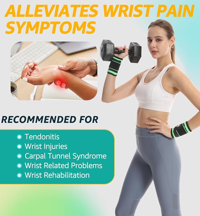 HiRui Wrist Brace Wrist Wraps Compression Wrist Strap, Wrist Support for Work Fitness Weightlifting Sprains Tendonitis, Carpal Tunnel Arthritis, Pain Relief, Adjustable Wristbands 2 PACK (Green, M)