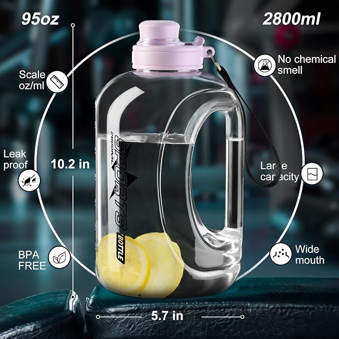Doseno Large Water Bottle, 95 oz/2.8 L with Straw & Portable Strap, Purple | Lightweight plastic water jug has a measuring scale, leakproof lid and covered spout for gym, outdoor sports and daily use.