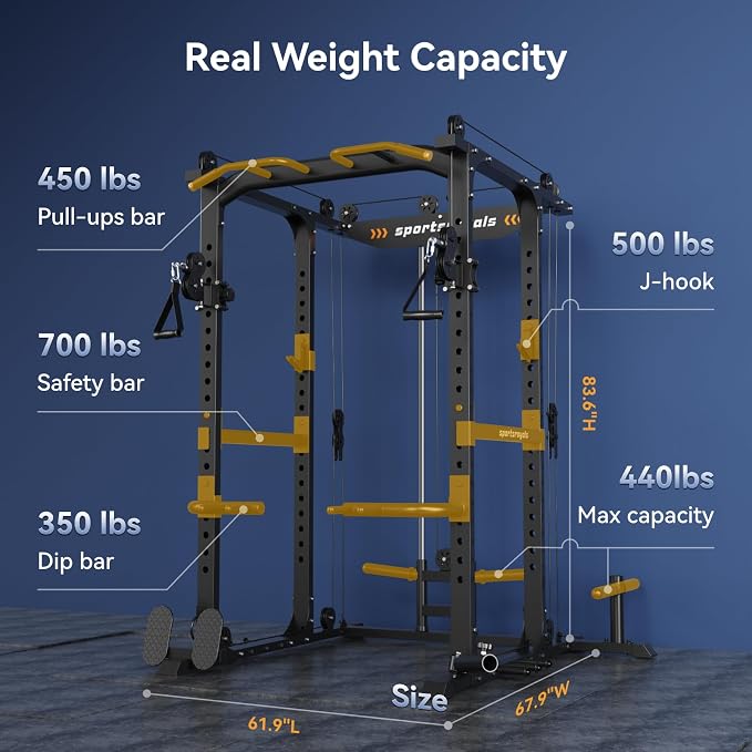 Sportsroyals Power Cage, 1600LBS Squat Rack with Cable Crossover System | Power Rack with LAT Pull Down System, Workout Cage with Pulley System for Fitness Home Gym Strength Training