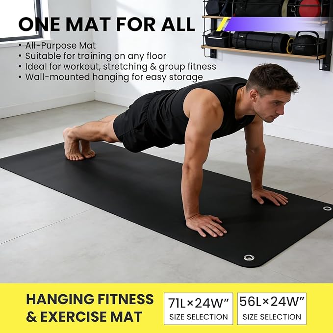 Garvee Hanging Exercise Mat, 71x24 / 56x24 Inch PVC Fitness & Yoga Mat for Group Classes, 5mm Thick with Reinforced Holes, Commercial Grade Gym Mat, Black/Blue/Multicolor