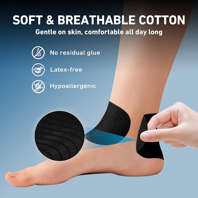 KTQUICK Precut Kinesiology Tape for Ankle,24 Ct,20% Stronger Adhesive,Black | Precut Ankle Support Tape with Premium Cotton, Breathable, Waterproof Athletic Tape for Running, Training & Hiking