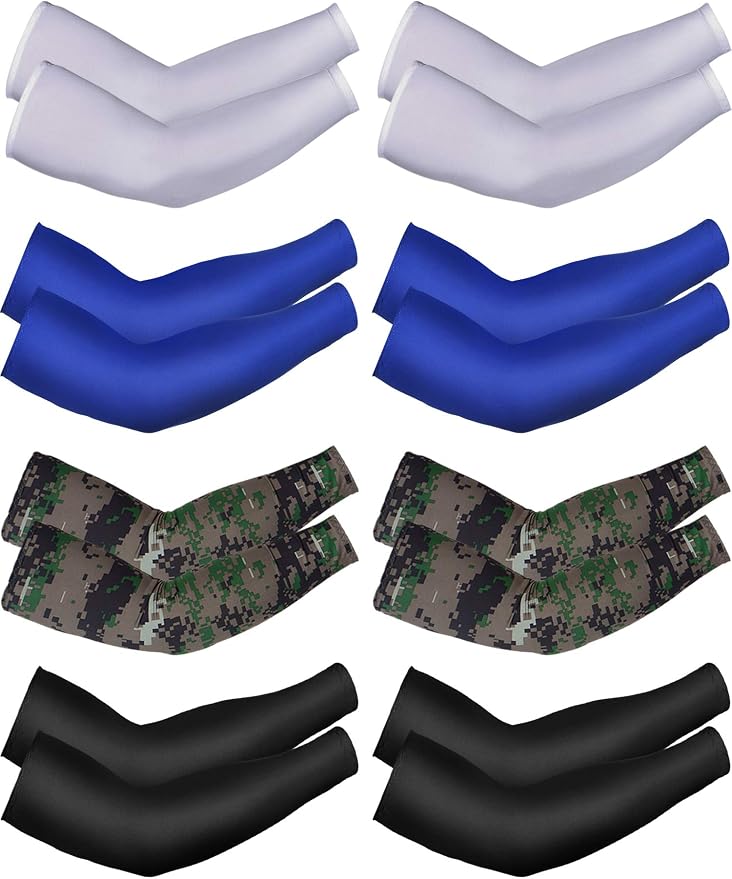 Mudder 8 Pairs UV Sun Protection Cooling Arm Sleeves for Men Women Youth Silk Compression Arm Cover Breathable Outdoors Sport